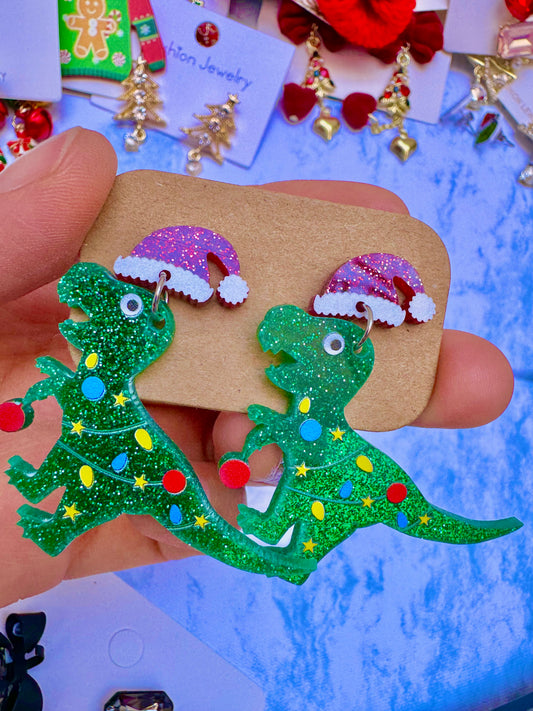 E1920 Aretes dinosaurio Navidad acrilicos ligeros 4.5cm