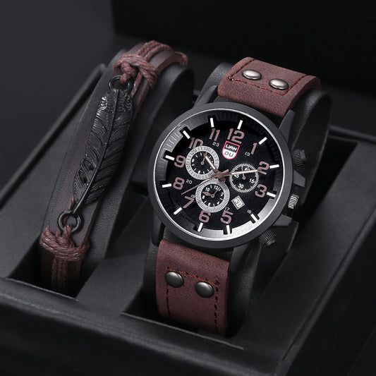 R133 Conjunto de reloj pulsera café cuero
