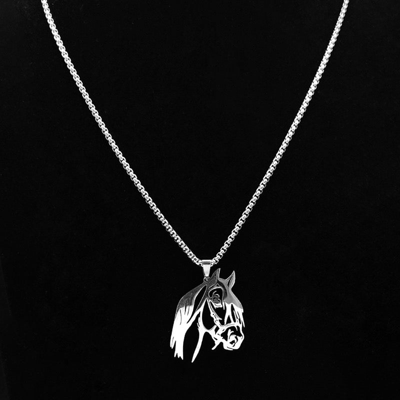 C596 Collar caballo para hombre acero inoxidable largo 34cm dije 4cm