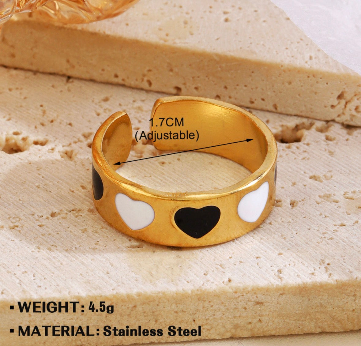 A204 Anillo corazones blancos y negros dorado abierto acero inoxidable