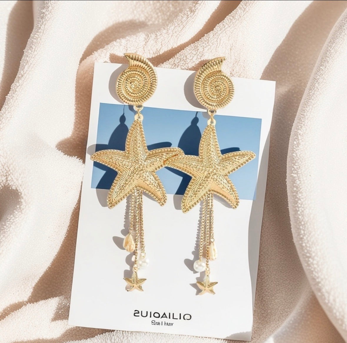 E5231 Aretes estrella de mar caracol dorados aleacion 6cm