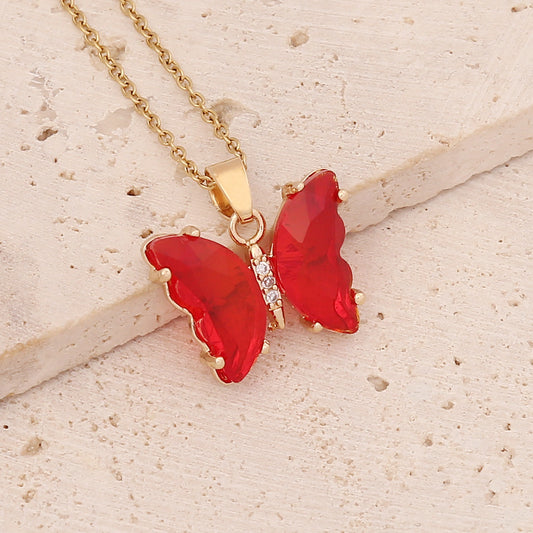 C621ROJ Collar mariposa roja acero inoxidable chapado en oro 18k largo 23cm dije 2cm