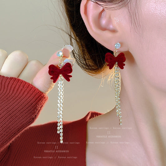 E5952 Aretes moño terciopelo vino colgante brillante aleacion 6cm