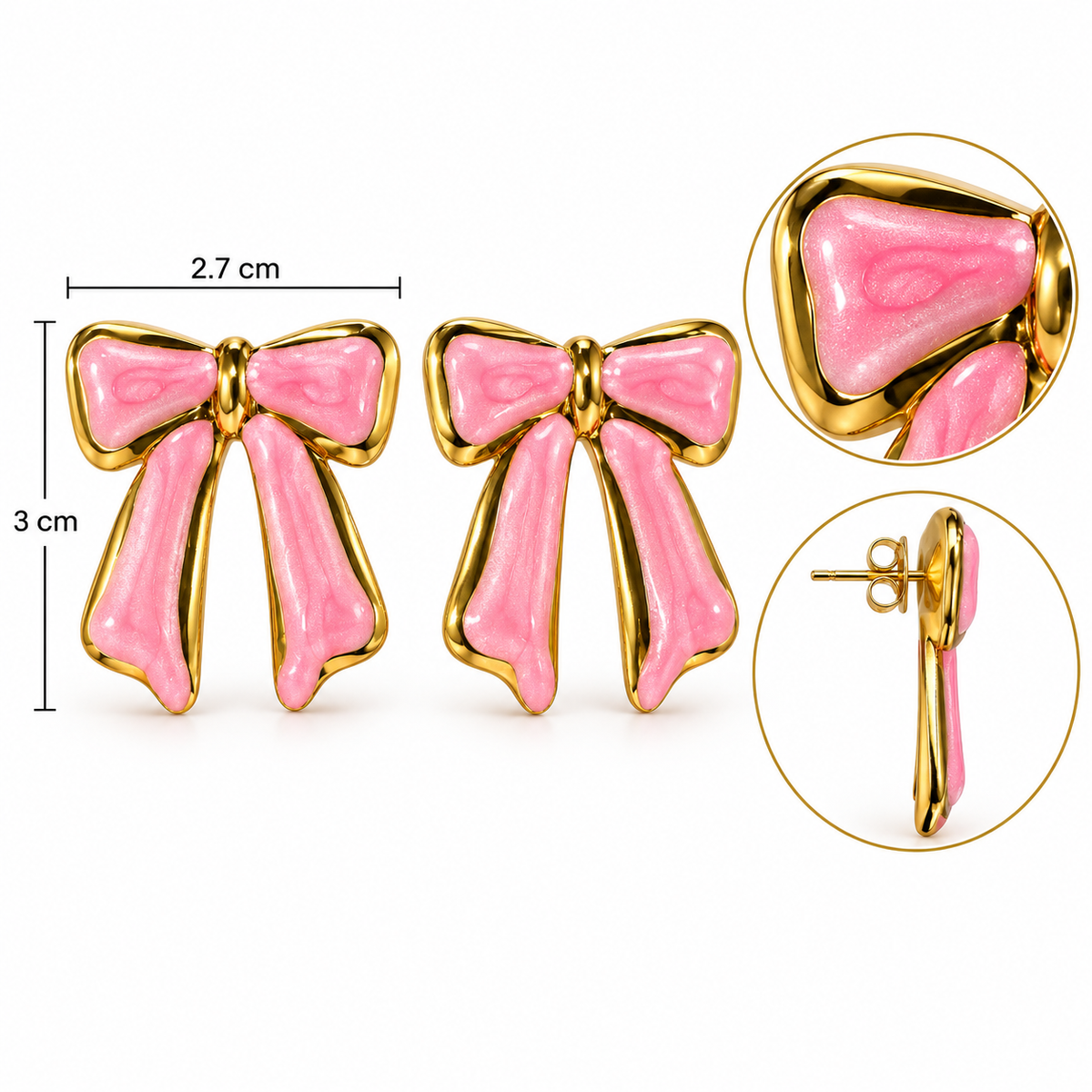 E037 Aretes moño con detalle dorado esmaltado de acero inoxidable 304