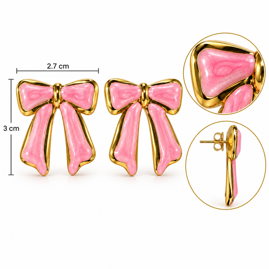 E037 Aretes moño con detalle dorado esmaltado de acero inoxidable 304