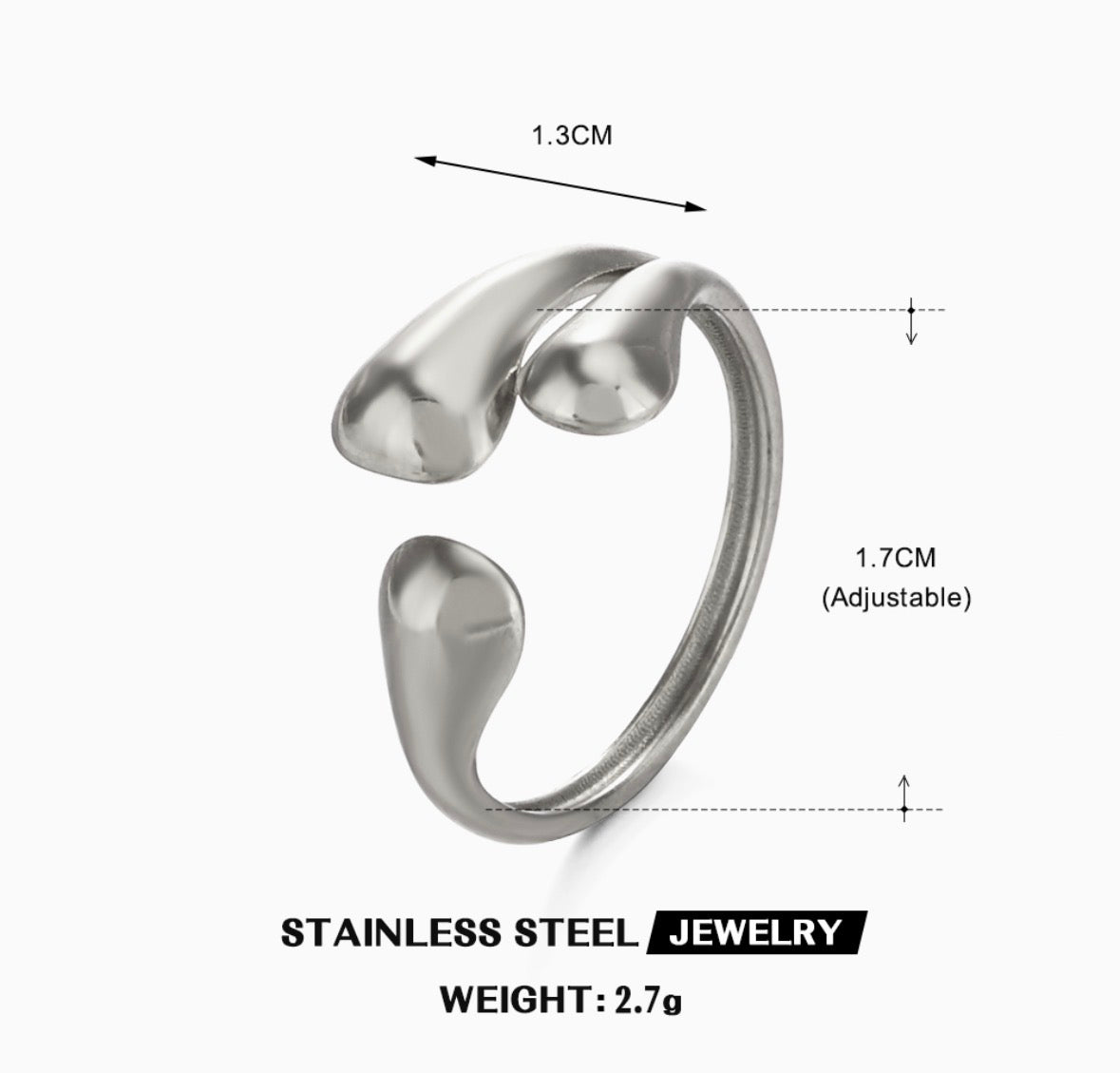 A502P anillo gota plateado abierto acero inoxidable