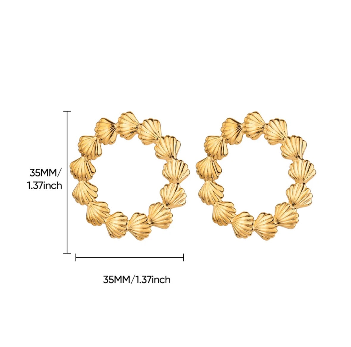 E5479 Aretes circulares conchas de mar doradas acero inoxidable 4cm