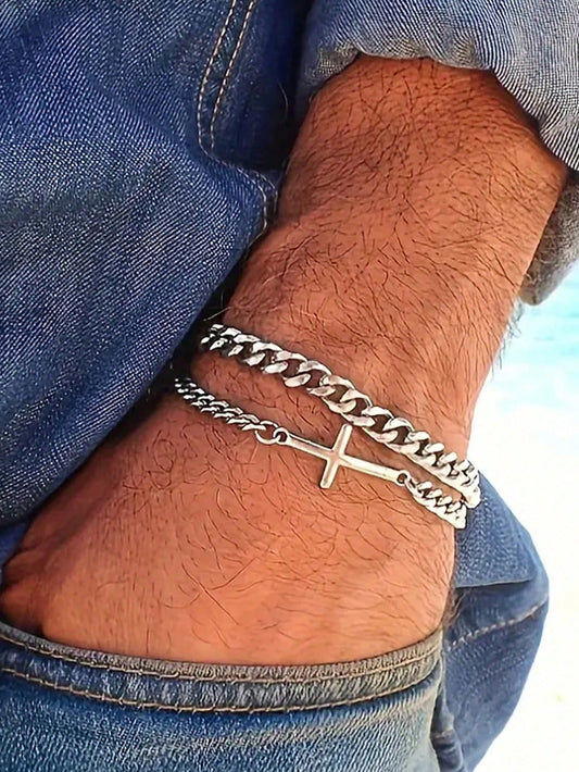 B195 Pulsera doble cruz acero inoxidable 24cm ajustable