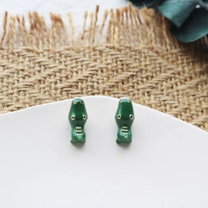 E2137 Aretes dinosaurio verde pequeños esmaltados