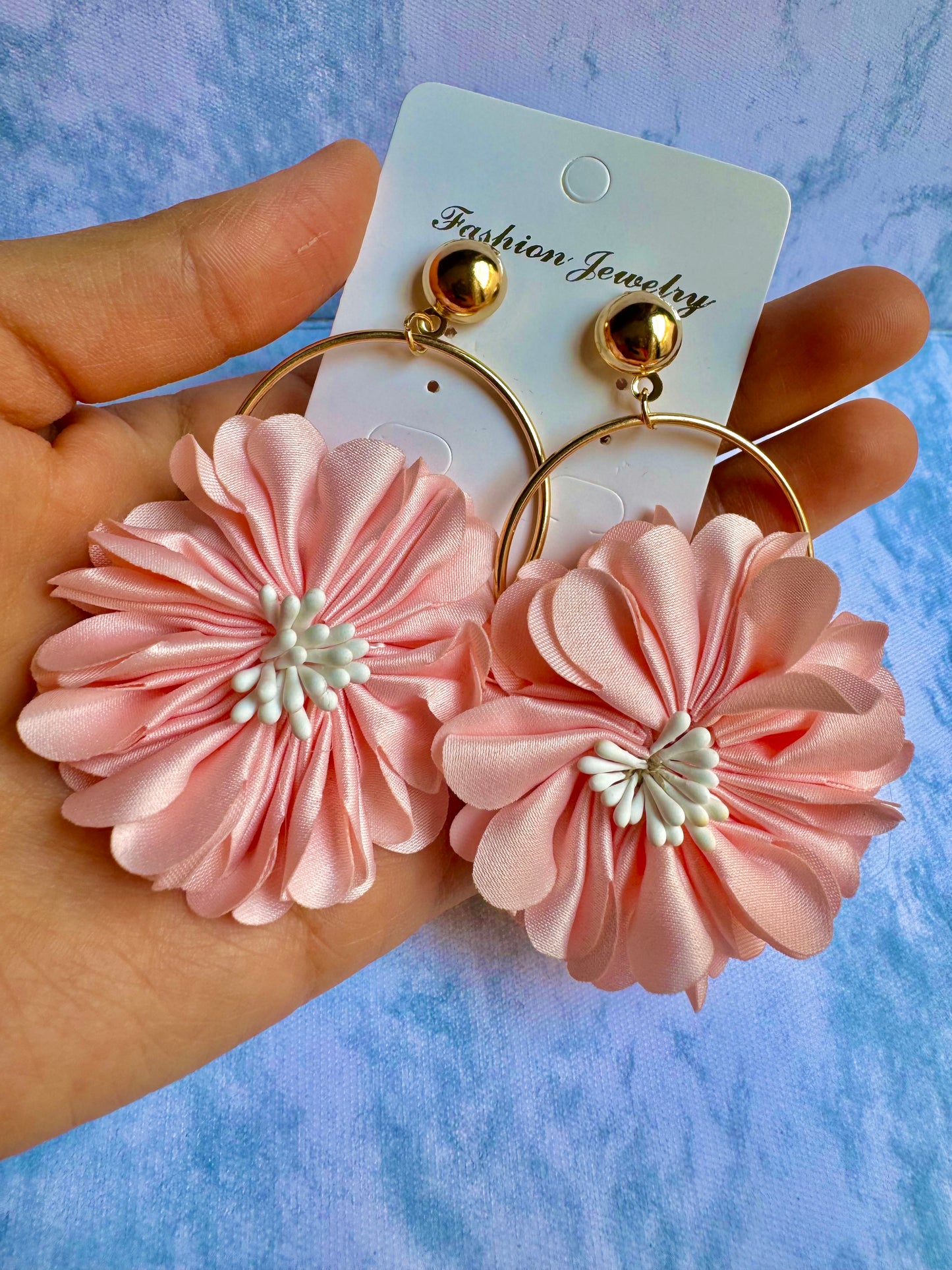 E612RP Aretes flor rosa pastel tela tipo arracada colgantes 8cm