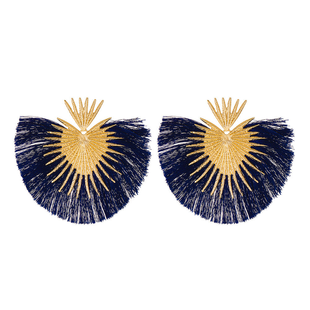 E7098 Aretes pico dorado y flecos azul marino en forma de abanico aleacion 9cm