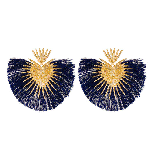 E7098 Aretes pico dorado y flecos azul marino en forma de abanico aleacion 9cm