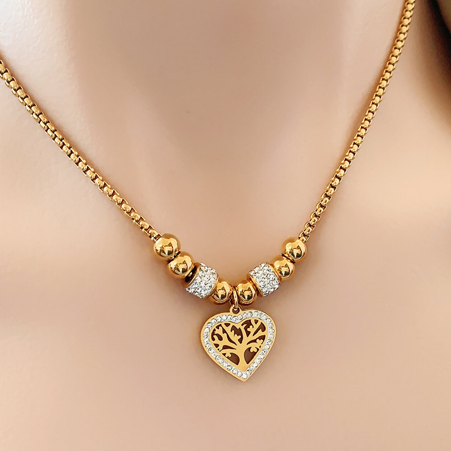 C552 Collar arbol de la vida acero inoxidable chapado en oro 18k largo 27cm dije 2cm