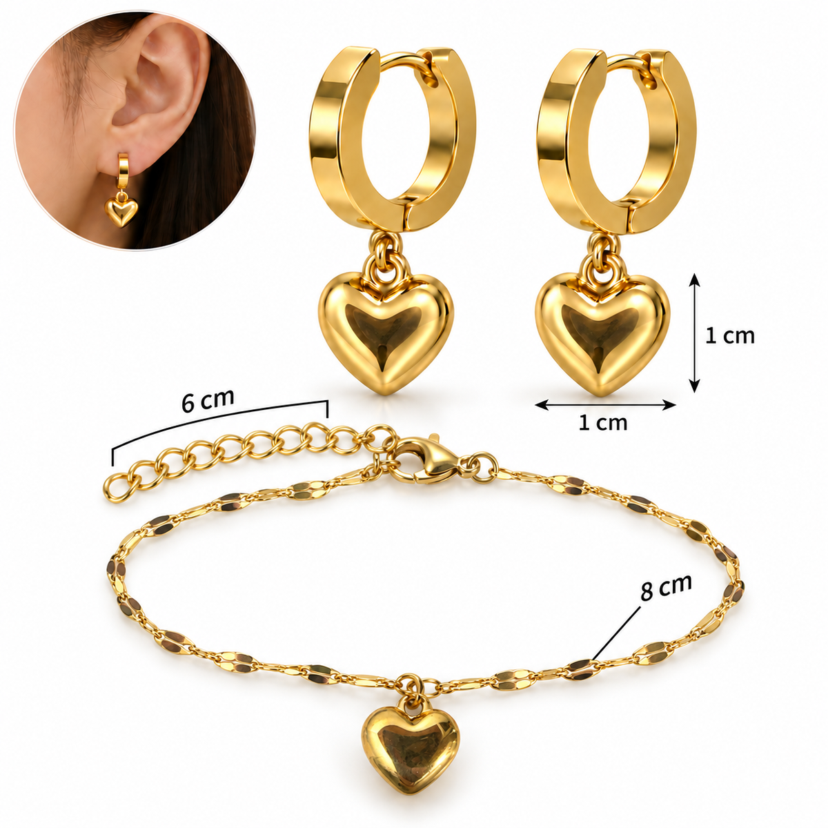 E058 Conjunto aretes y pulsera corazon de acero inoxidable