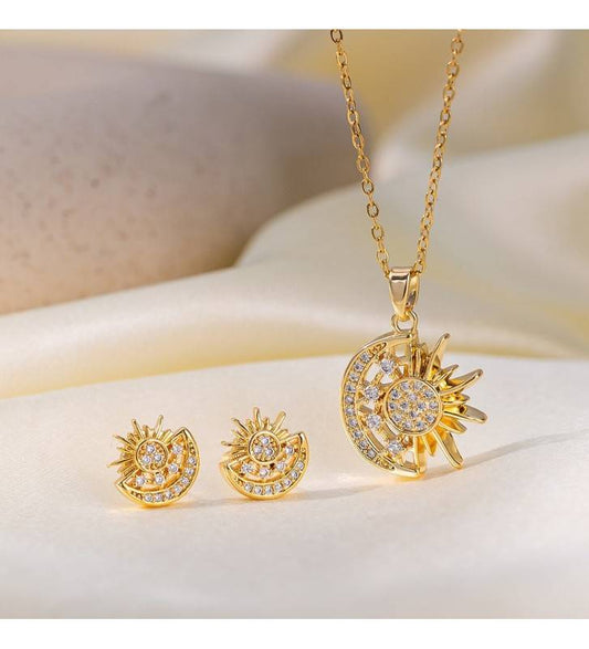 C760 Conjunto de collar aretes luna sol brillante  fiesta cobre