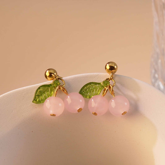 E3236 Aretes cereza rosa acero inoxidable chapado en oro 18k 1.5cm