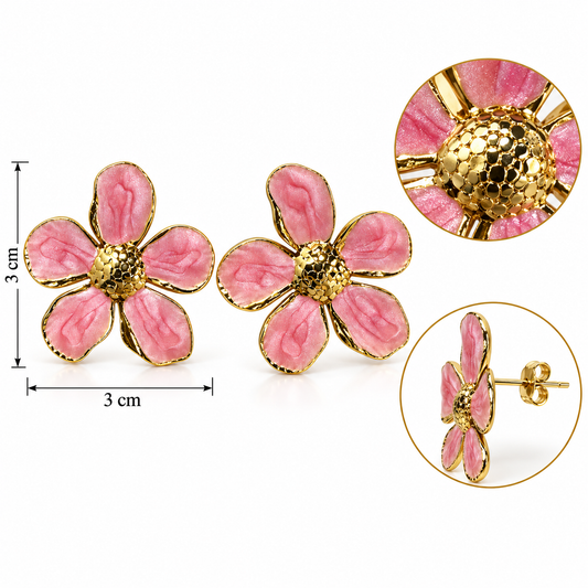E038 Aretes flor 5 petalos esmaltado de acero inoxidable 304