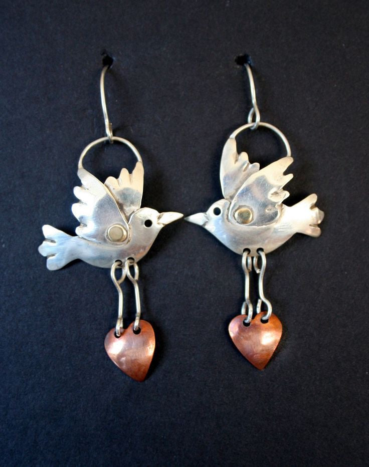 E4706 Aretes pajaro corazon aleacion 3.5cm