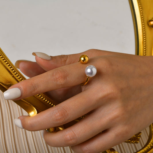 AC183 anillo perla abierto acero inoxidable chapado en oro de 18k
