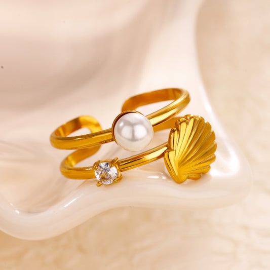 A315 Anillo Perla y concha delgadas Mar acero inoxidable chapado en oro de 18k abierto