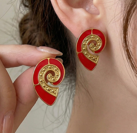 E5536 Aretes caracol rojo con dorado acero inoxidable 4cm