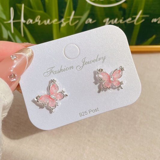 E4335 aretes mariposa rosa aleacion esmaltado 1.2cm