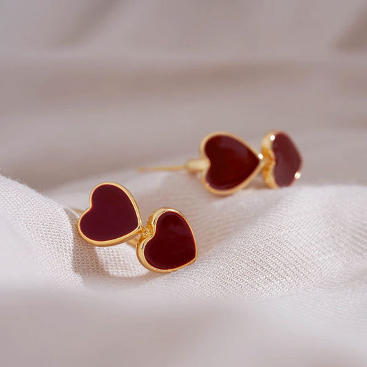 E5017 Arracada dorada corazones rojos aleacion 3cm