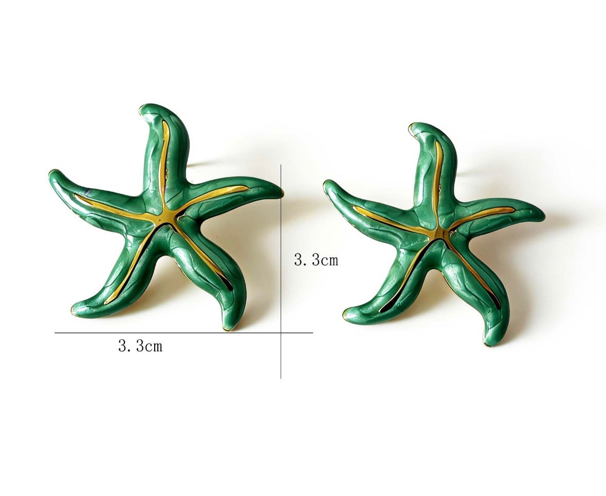 E5998 aretes estrella de mar verde esmeralda acero inoxidable 3.5cm
