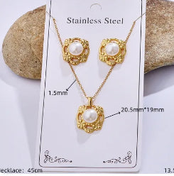 C1036 conjunto collar y aretes flor perla dorada acero inoxidable 20cm largo 2cm dije