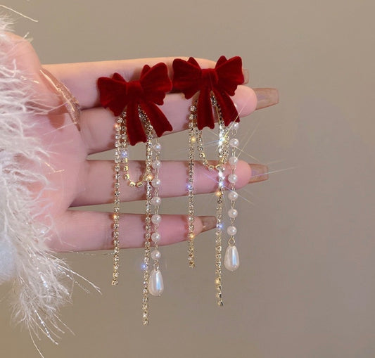 E5120 Aretes moño terciopelo guinda brillante aleacion 8cm