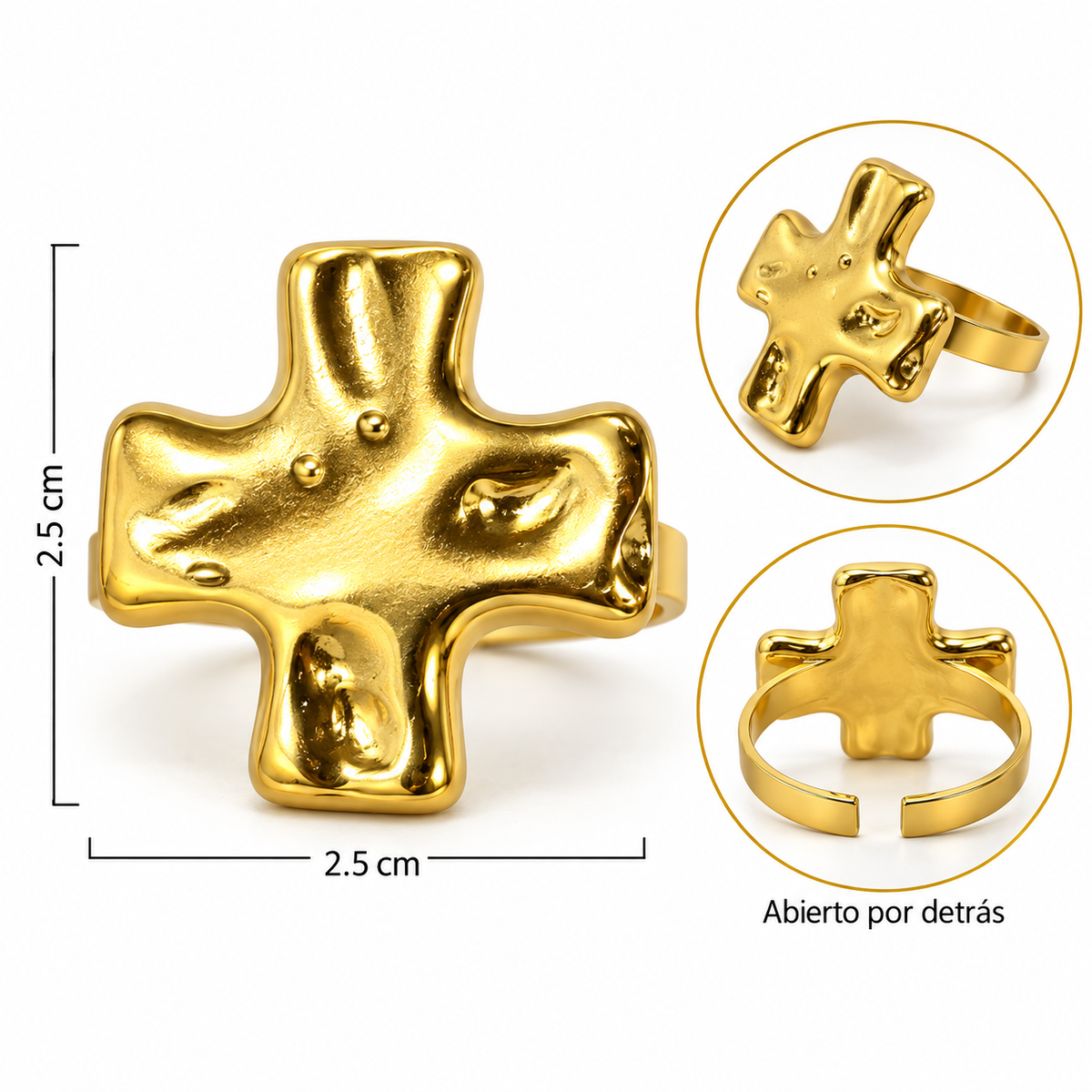A75 Anillo Cruz ajustable de acero inoxidable 304 chapado en oro 18k