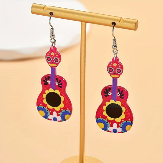 E4058 Aretes guitarra coco día de muertos Halloween acrílico 6cm