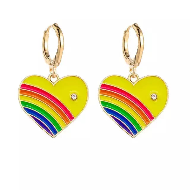 2889Am Aretes corazón arcoíris Amarillo Argolla Esmaltado 3.5cm