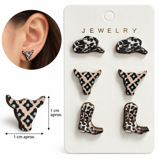 E7567 Set de 3 pares de aretes vaquero moda cowboy madera