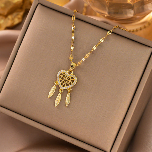 C762 Collar corazón atrapa sueños dorado acero de titanio 20cm largo 3cm dije