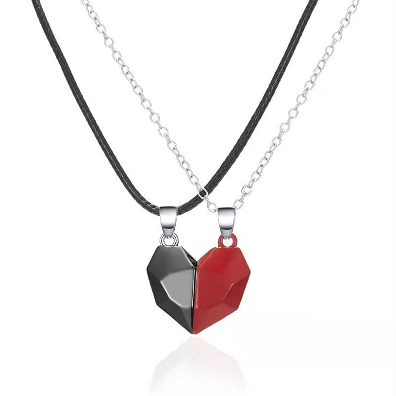 C1137 Collar dúo de pareja corazon de imán negro y rojo aleacion 22cm