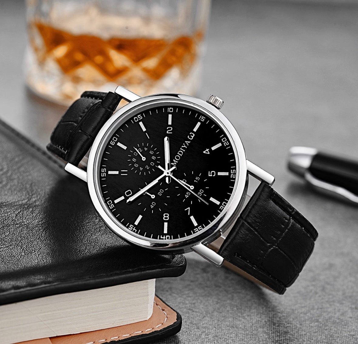 R154 Reloj negro casual cuero sintetico de hombre