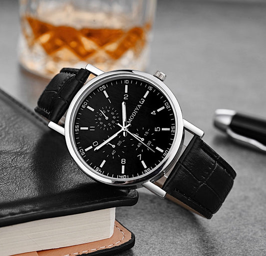 R154 Reloj negro casual cuero sintetico de hombre