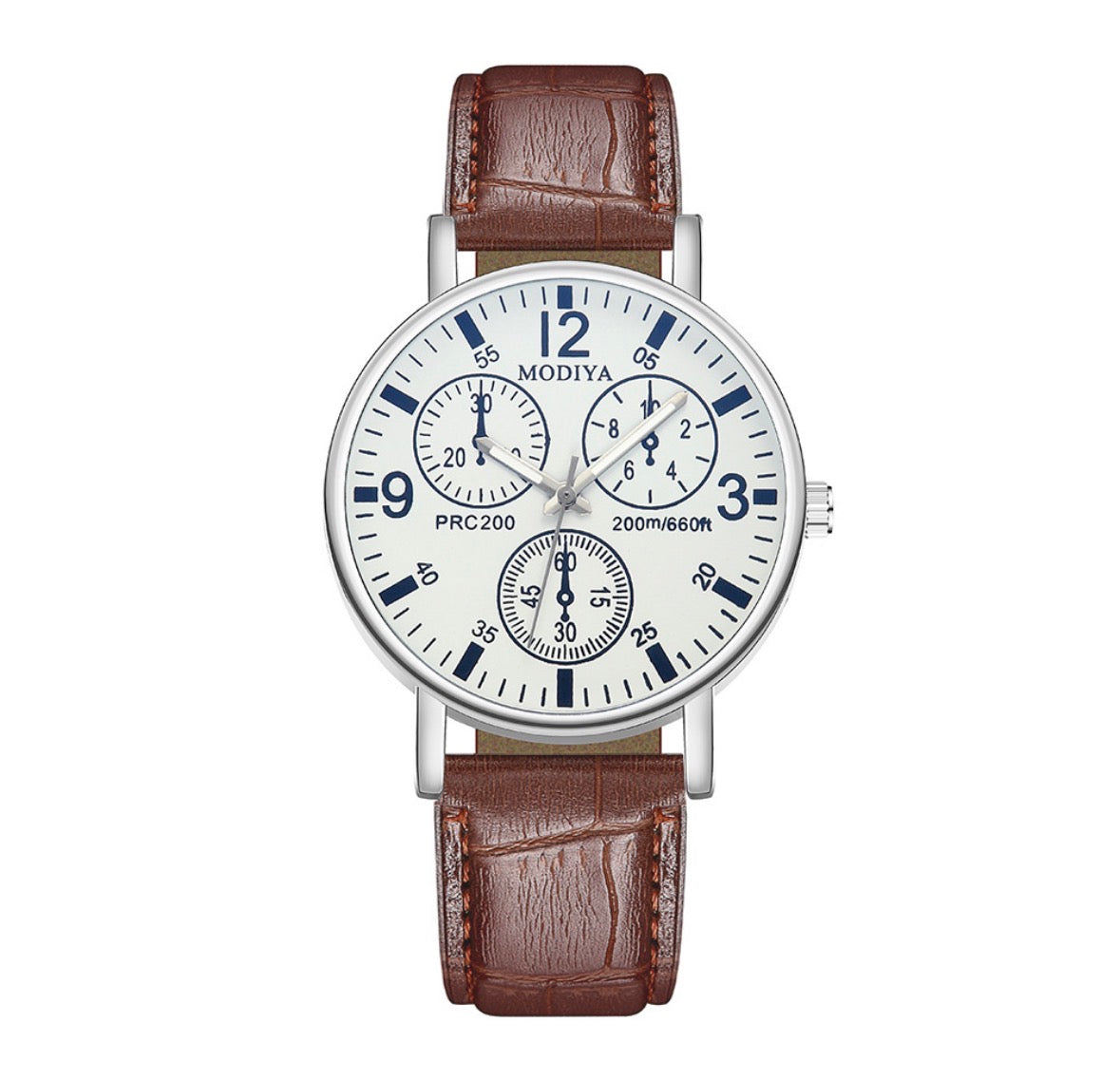 R162 Reloj ronda blanca hebilla cafe cuero sintetico