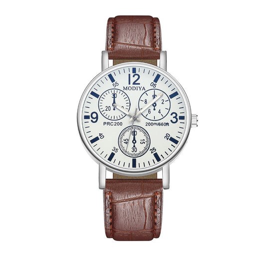 R162 Reloj ronda blanca hebilla cafe cuero sintetico