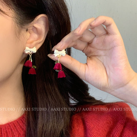 E5945 Aretes flores colgantes terciopelo vino aleacion 2cm