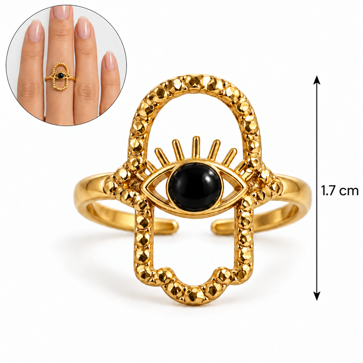 A300 Anillo mano Fatima ojo acero inoxidable abierto