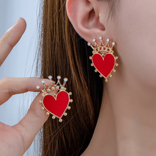 E5059 Aretes corazón rojo corona dorada aleacion 4cm
