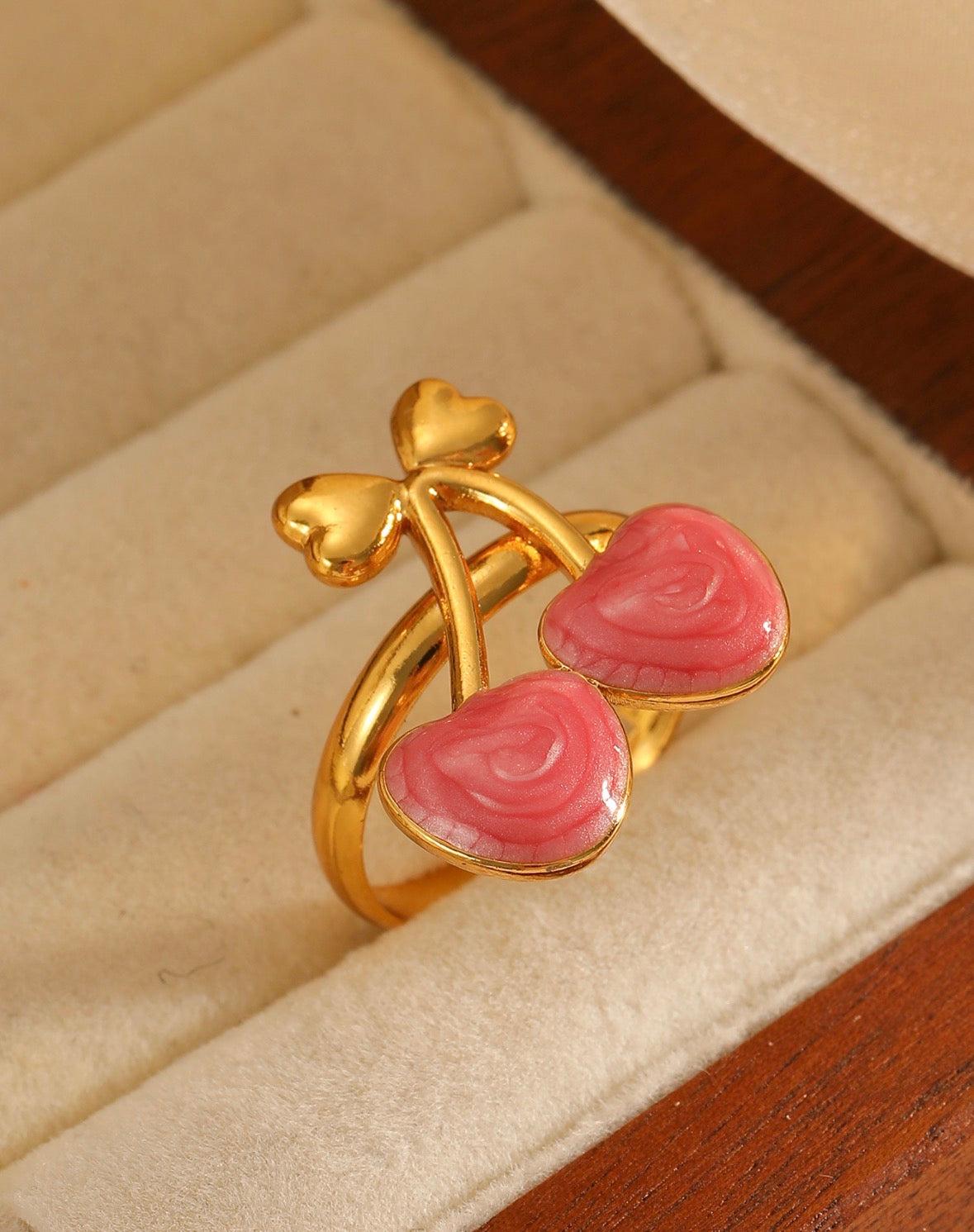 A529 Anillo dorado cereza rosa acero inoxidable 304 abierto
