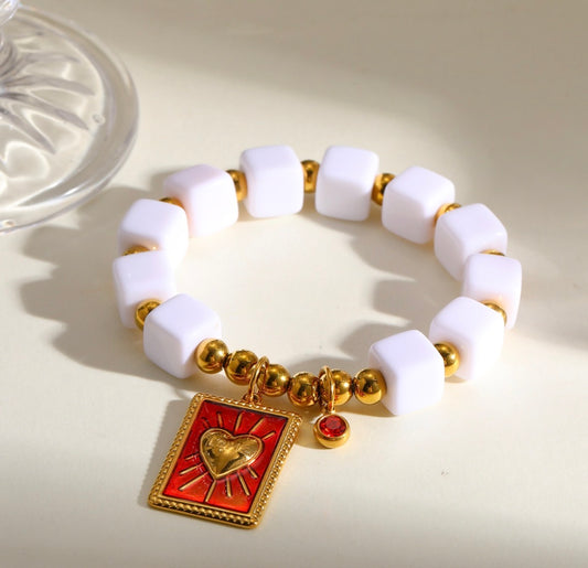 B888 Pulsera cuadros blancos dorados acero inoxidable elastica