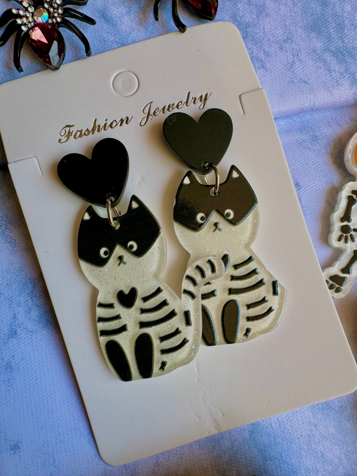 E276W Aretes Gato Esqueleto Halloween