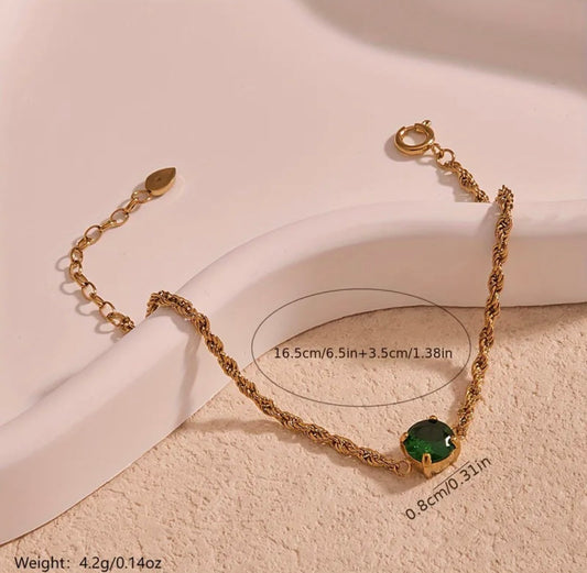 B643 Pulsera dorada perla verde acero inoxidable chapado en oro de 14k 19cm