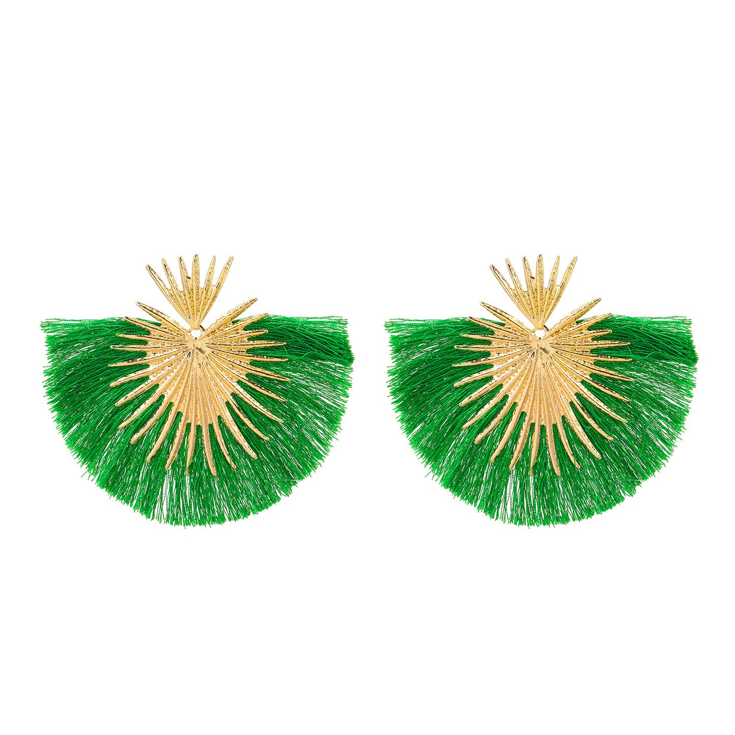 E7098V Aretes pico dorado y flecos verdes  en forma de abanico aleacion 9cm