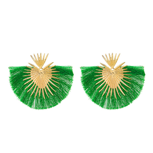 E7098V Aretes pico dorado y flecos verdes  en forma de abanico aleacion 9cm
