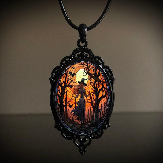 C833 Collar óvalo bruja Halloween aleacion cuerda de cuero 22cm largo 6cm dije